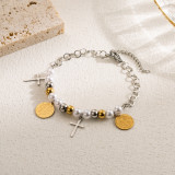 Pulseras chapadas en oro en capas de perlas de imitación de acero inoxidable mariposa ojo del diablo cruz artística informal