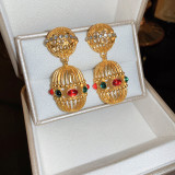 1 par de pendientes chapados en oro con diamantes de imitación de cobre con incrustaciones de flores dulces Retro