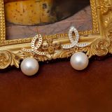 1 par de pendientes colgantes de circonita de cobre con incrustaciones de perlas de imitación para mujer