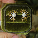 1 par de pendientes de circonita con perlas artificiales de cobre con incrustaciones geométricas Retro