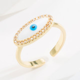 Anillo abierto de diamantes de imitación con incrustaciones de esmalte de cobre con ojo de moda de 1 pieza