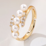 Anillos abiertos de diamantes de imitación de perlas artificiales con incrustaciones de cobre geométrico estilo coreano elegante estilo IG