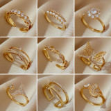 Anillo abierto de diamantes de imitación de perlas artificiales con incrustaciones de latón y cola de pez de flor triangular retro