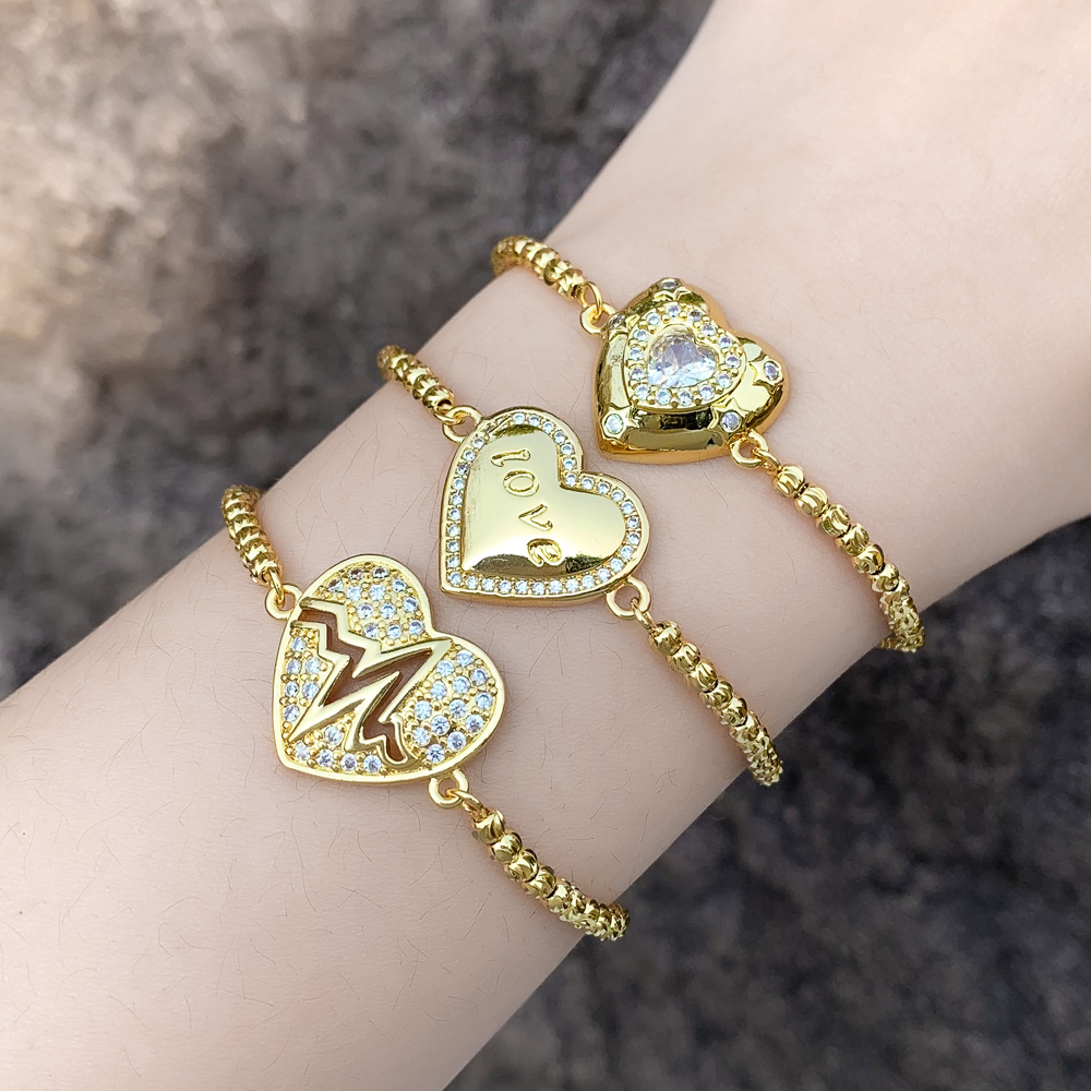 Pulseras chapadas en oro de 18 quilates con incrustaciones de cobre y forma de corazón estilo INS de 1 pieza