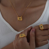 Collar de anillos chapados en oro de 18 quilates con incrustaciones de turquesa y diamantes de imitación cuadrados de ojo de diablo elegante y lujoso