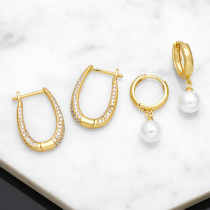 1 par de pendientes chapados en oro de 18 quilates con incrustaciones de cobre y perlas artificiales estilo IG a la moda en forma de U