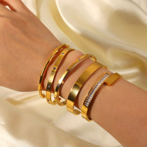 Pulsera de acero inoxidable chapada en oro de 18 quilates con incrustaciones de circonita abierta para mujer