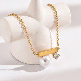 Pulseras chapadas en oro de 14K con incrustaciones de perlas artificiales rectangulares de acero inoxidable pulido estilo coreano de estilo Simple