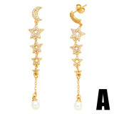 Pendientes colgantes de circonita con perlas artificiales chapadas en oro y cobre con forma de estrella y luna a la moda, 1 par