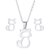 Conjunto de joyería ahuecada con revestimiento de acero inoxidable con forma de gato de moda, 2 piezas