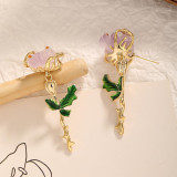 1 par de elegantes pendientes colgantes de piedras preciosas artificiales de cobre con incrustaciones de esmalte de flores de hojas de estilo coreano