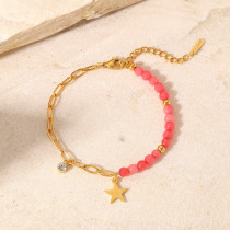 Moda estrella de piedra roja colgante cadena cruzada oro de 18 quilates pulsera de acero inoxidable ornamento mujeres