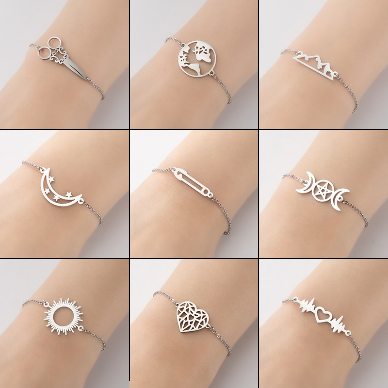 Pulseras chapadas en acero inoxidable con forma de estrella y luna de moda de 1 pieza