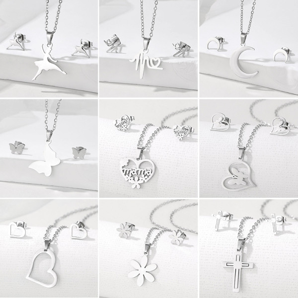 Estilo simple Estilo clásico Cruz Forma de corazón Mariposa Acero inoxidable Ahueca hacia fuera el collar de los pendientes