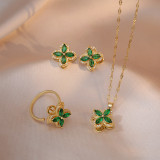 Elegante trébol de cuatro hojas de acero titanio con incrustaciones de cobre anillos de circonio pendientes collar