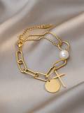 Pulsera de perlas de acero y titanio, marca redonda cruzada, cadena multielemento a la moda, venta al por mayor