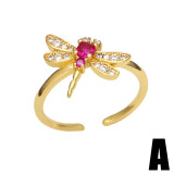 Anillo abierto de cobre con libélula de moda, anillos de cobre con incrustaciones de chapado en circonita