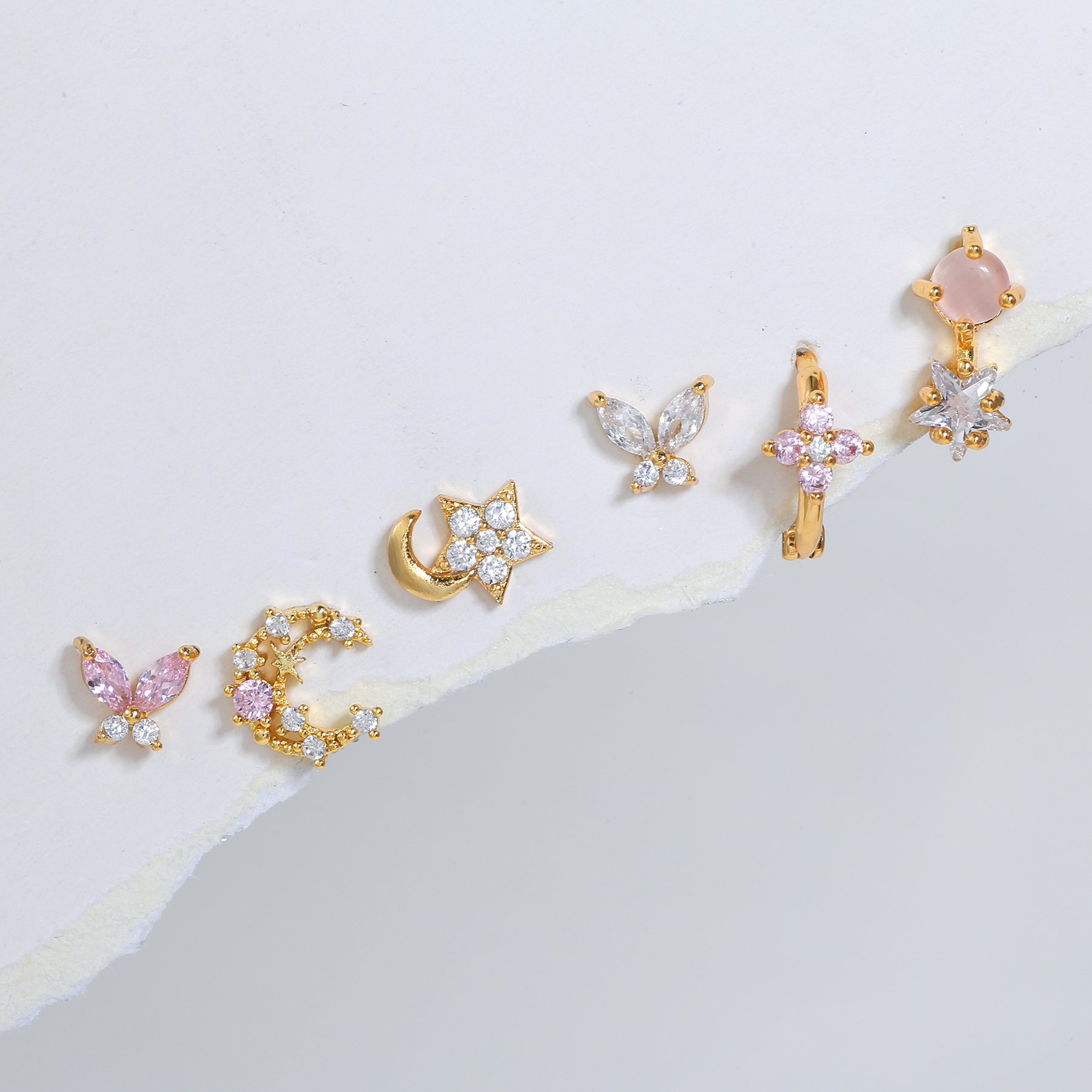 Pendientes De Circón Con Incrustaciones De Cobre De Flor De Luna De Pentagrama De Moda 6 Piezas