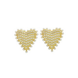 1 par de pendientes de circonita de cobre con incrustaciones de perlas de imitación en forma de corazón para mujer
