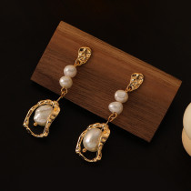 1 par de pendientes colgantes de cobre con perlas de agua dulce con cuentas irregulares retro