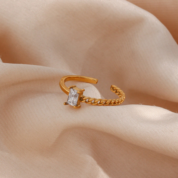 Anillo abierto de acero inoxidable rectangular de estilo simple, anillos de acero inoxidable con circonita plateada