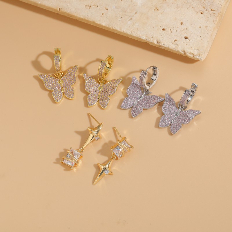 Pendientes colgantes chapados en oro de 14K con incrustaciones de mariposa y estrella geométrica, elegantes y lujosos, de estilo clásico, 1 pieza