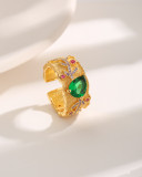 Lujosos anillos abiertos chapados en oro de 18K con incrustaciones fruncidas y revestimiento de cobre con gotas de agua de hojas de estilo francés