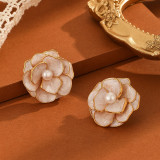 1 par de pendientes de perlas artificiales de cobre con incrustaciones de esmalte de flores para mujer