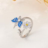 Anillo abierto con diamantes de imitación y incrustaciones de cobre, flor, mariposa, 1 pieza