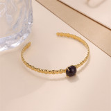 Brazalete chapado en oro de piedra natural con incrustaciones de acero inoxidable redondo Glam