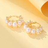 Pendientes de aro con perlas y diamantes artificiales, redondos, con incrustaciones de cobre, a la moda, 1 par
