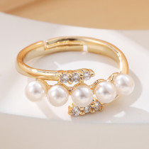 Anillos abiertos de diamantes de imitación de perlas artificiales con incrustaciones de cobre geométrico estilo coreano elegante estilo IG