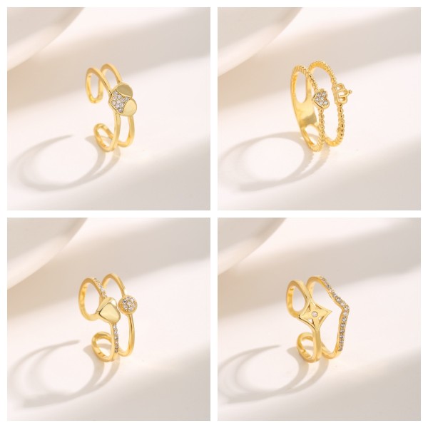 Anillos abiertos chapados en oro de 18K con incrustaciones de cobre rombo y corona con forma de corazón dulce de lujo