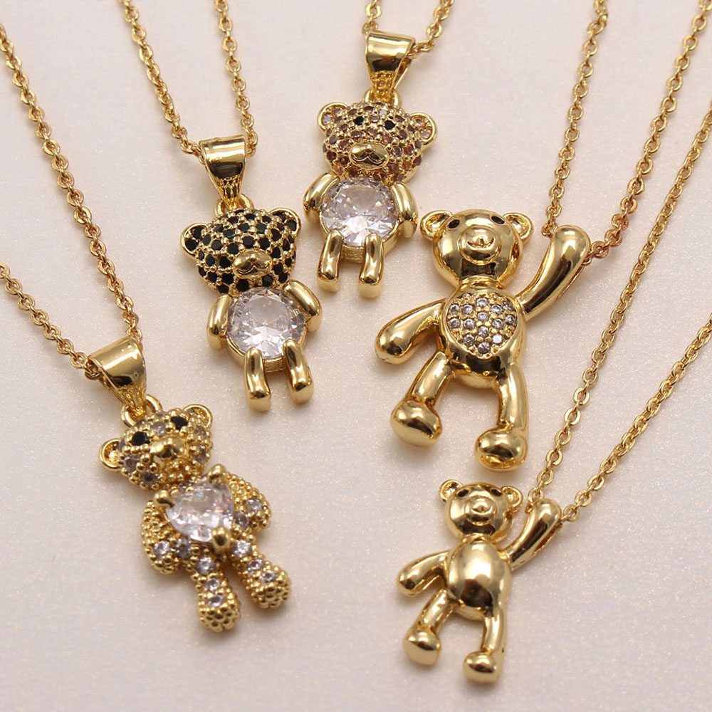Collar con colgante de circón chapado en oro y cobre con osito lindo estilo IG a granel