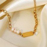 Pulsera de perlas de buena suerte de acero inoxidable con costura de perlas de cadena simple