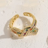 Anillos chapados en oro de 14K con incrustaciones de circonio asimétrico de cobre con gotas de agua de estrella cuadrada de estilo clásico elegante