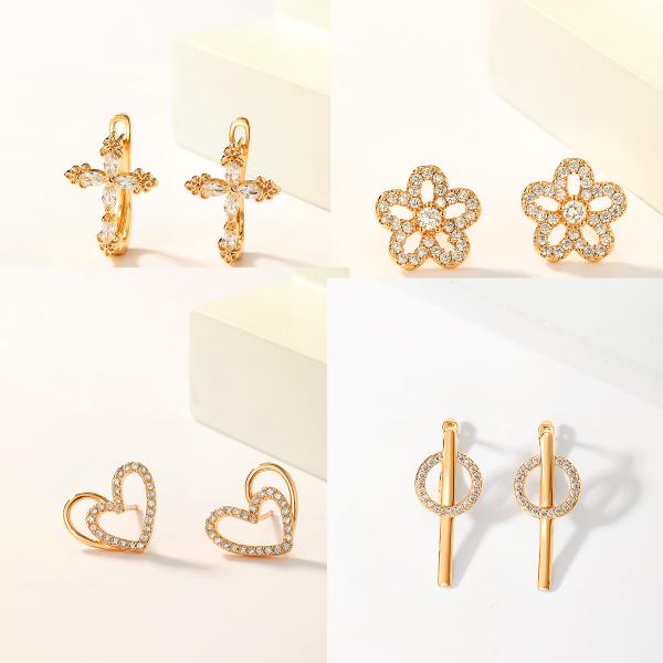 1 par de pendientes elegantes chapados en oro de 18K con incrustaciones de flores en forma de corazón cruzado de estilo Simple y elegante