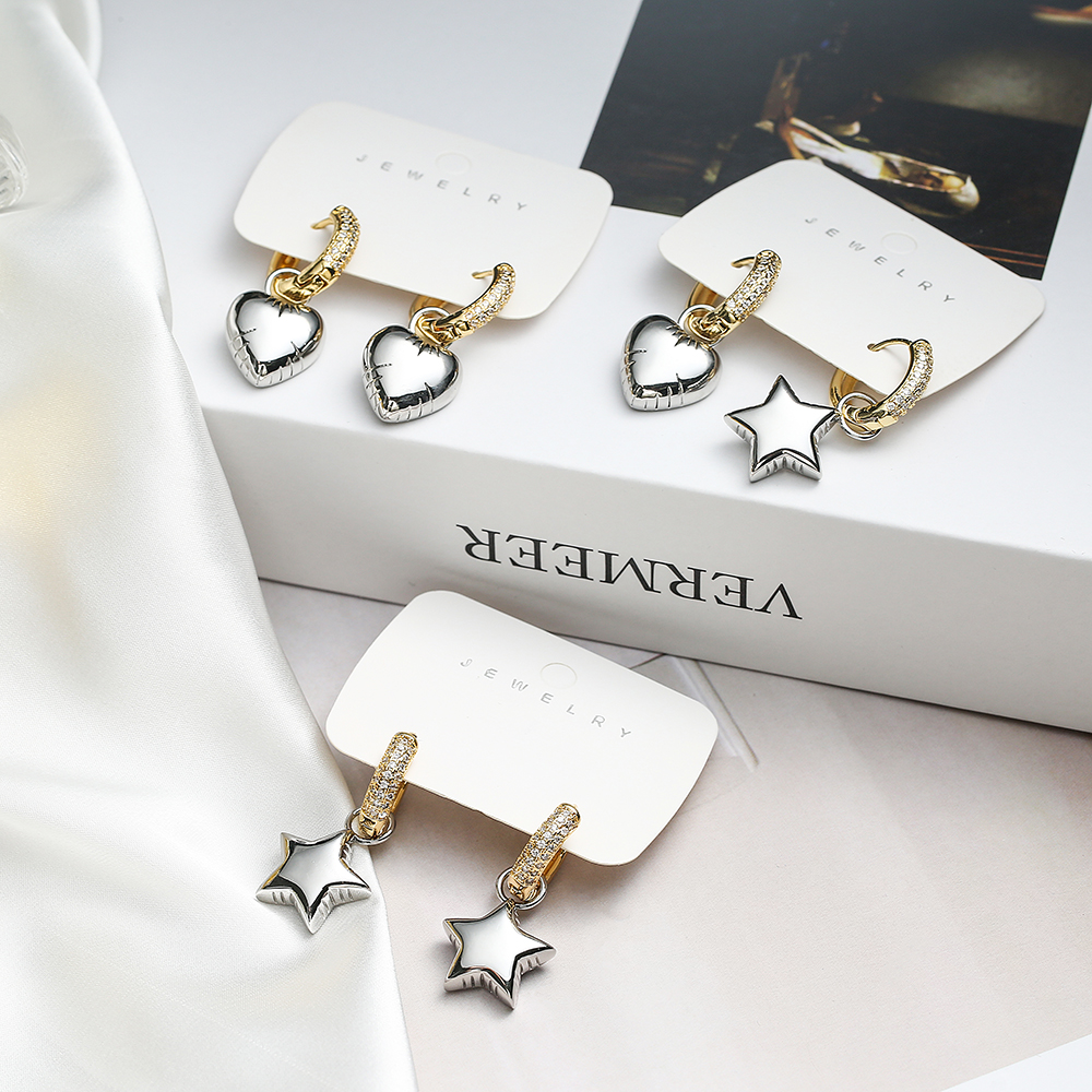Pendientes colgantes chapados en oro de 18 quilates con incrustaciones de estrellas y circonitas de cobre de estilo simple de 1 pieza