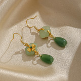 1 par de pendientes colgantes de cobre y jade con flor china, gancho para la oreja