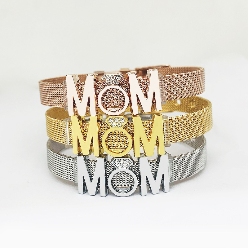 Pulseras de diamantes de imitación con incrustaciones de acero inoxidable con letras MAMA