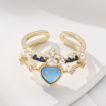 Anillos abiertos de circón con incrustaciones de cobre y flores en forma de corazón elegante para dama