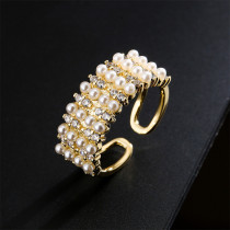 Anillo ajustable con diseño de apertura de perlas de mijo de 4 hileras de oro de 18 quilates chapado en cobre
