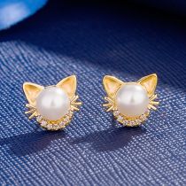 1 par de pendientes con incrustaciones de gato bonito, perlas artificiales de cobre, diamantes de imitación