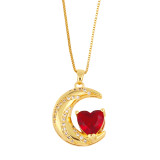 Collar con colgante de circonita chapado en oro y cobre con forma de luna y corazón a la moda, 1 pieza