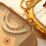 Conjunto de pulsera y collar de perlas con hilo de acero y titanio de moda