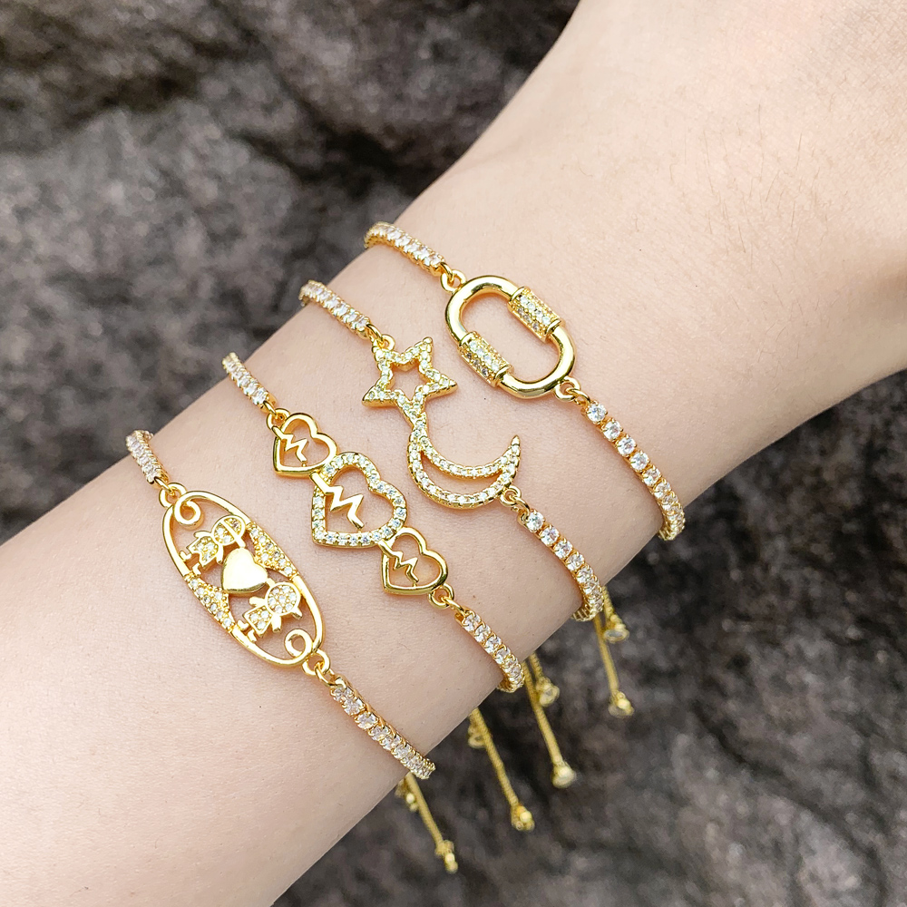 Pulseras chapadas en oro de 18 quilates con incrustaciones de cobre y forma de corazón de luna y estrella de estilo Simple estilo IG