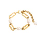 Pulsera de acero chapado en oro con cadena rectangular de perlas barrocas