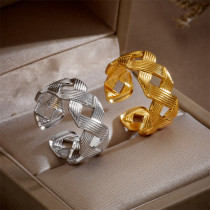 Anillo abierto de acero titanio con rayas geométricas de estilo simple Anillos de cobre chapados en oro