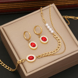 Collar de pendientes y pulseras de circonio con incrustaciones de perlas de acero inoxidable ovaladas a la moda