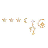 Pendientes de circón chapados en cobre con forma de luna y estrella de moda de 6 piezas